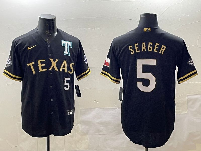 Men Texas Rangers 5 Seager Black Gold Game 2025 Nike MLB Jersey style 1